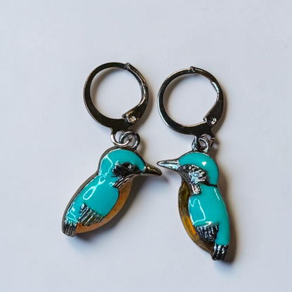 Kingfisher Bird Hoop Earrings | Turquoise Enamel Leverback Earrings | Lightweight Nature Jewelry