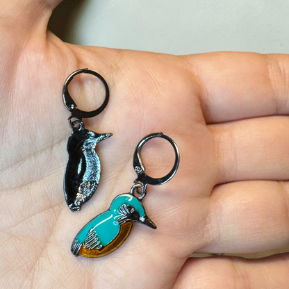 Kingfisher Bird Hoop Earrings | Turquoise Enamel Leverback Earrings | Lightweight Nature Jewelry