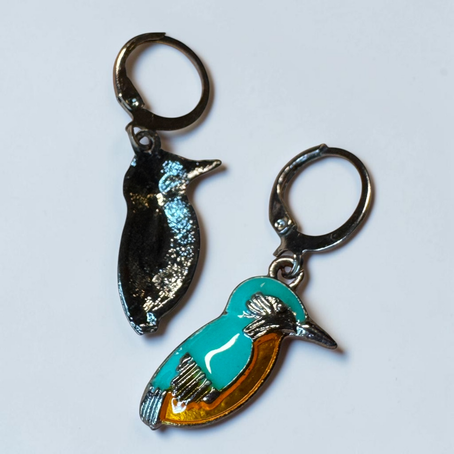 Kingfisher Bird Hoop Earrings | Turquoise Enamel Leverback Earrings | Lightweight Nature Jewelry