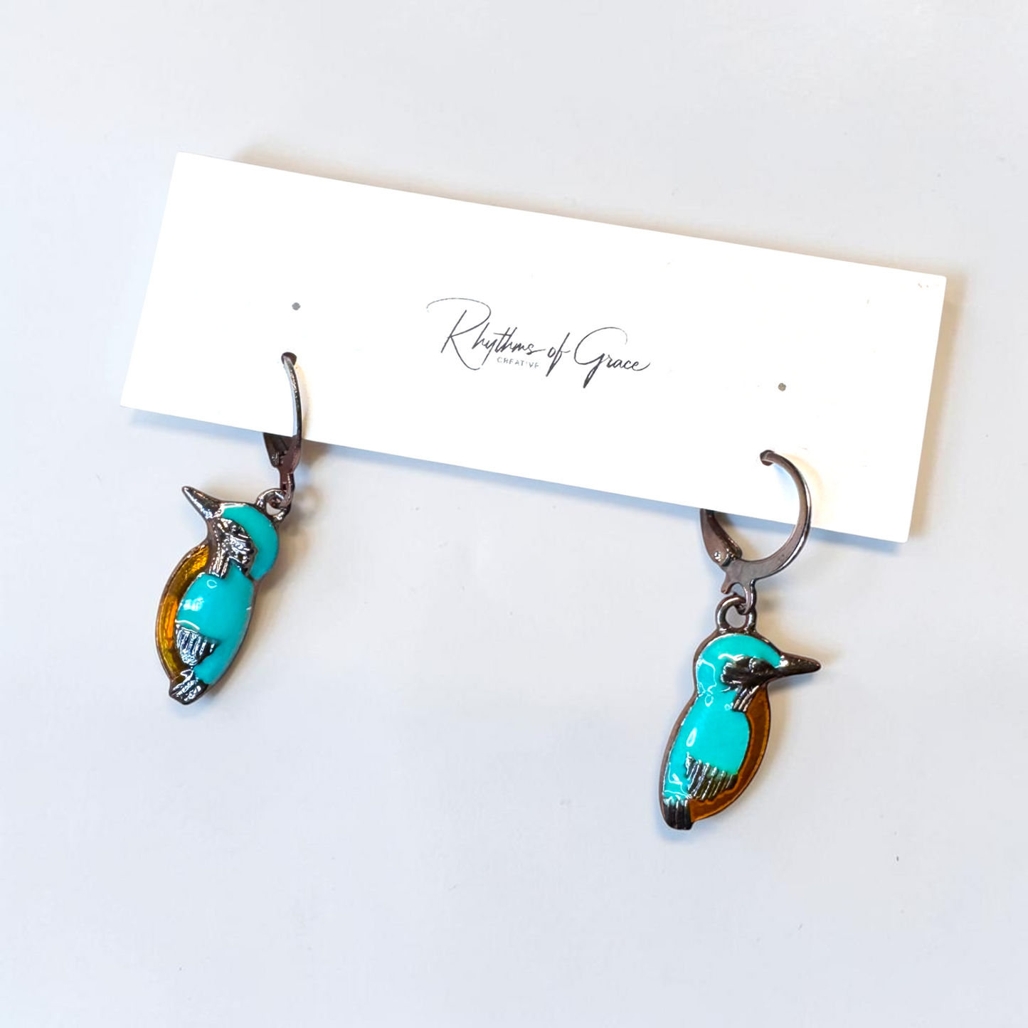 Kingfisher Bird Hoop Earrings | Turquoise Enamel Leverback Earrings | Lightweight Nature Jewelry