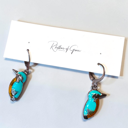 Kingfisher Bird Hoop Earrings | Turquoise Enamel Leverback Earrings | Lightweight Nature Jewelry