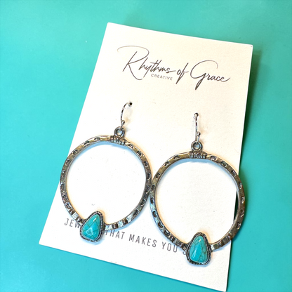 Silver Turquoise Hoop Earrings | Western Boho Southwestern Statement Dangle Earrings
