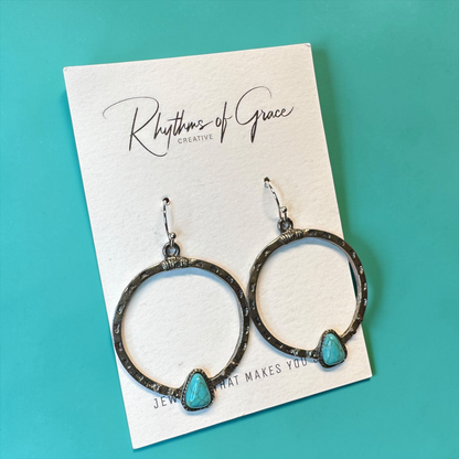 Silver Turquoise Hoop Earrings | Western Boho Southwestern Statement Dangle Earrings