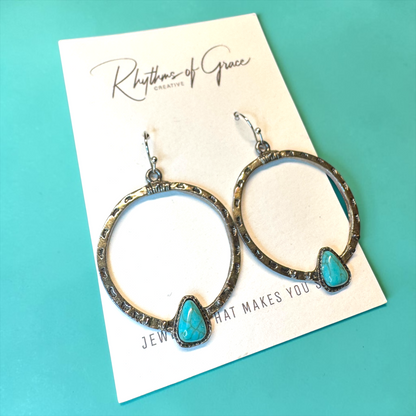 Silver Turquoise Hoop Earrings | Western Boho Southwestern Statement Dangle Earrings