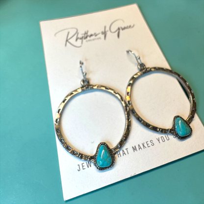 Silver Turquoise Hoop Earrings | Western Boho Southwestern Statement Dangle Earrings