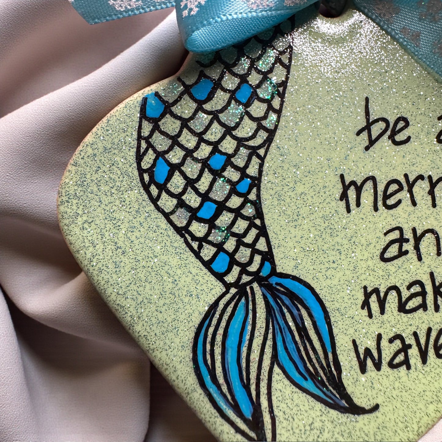 Sparkly Mermaid Ornament – “Be a Mermaid and Make Waves” | Handmade Glitter Ornament | Ocean-Inspired Gift