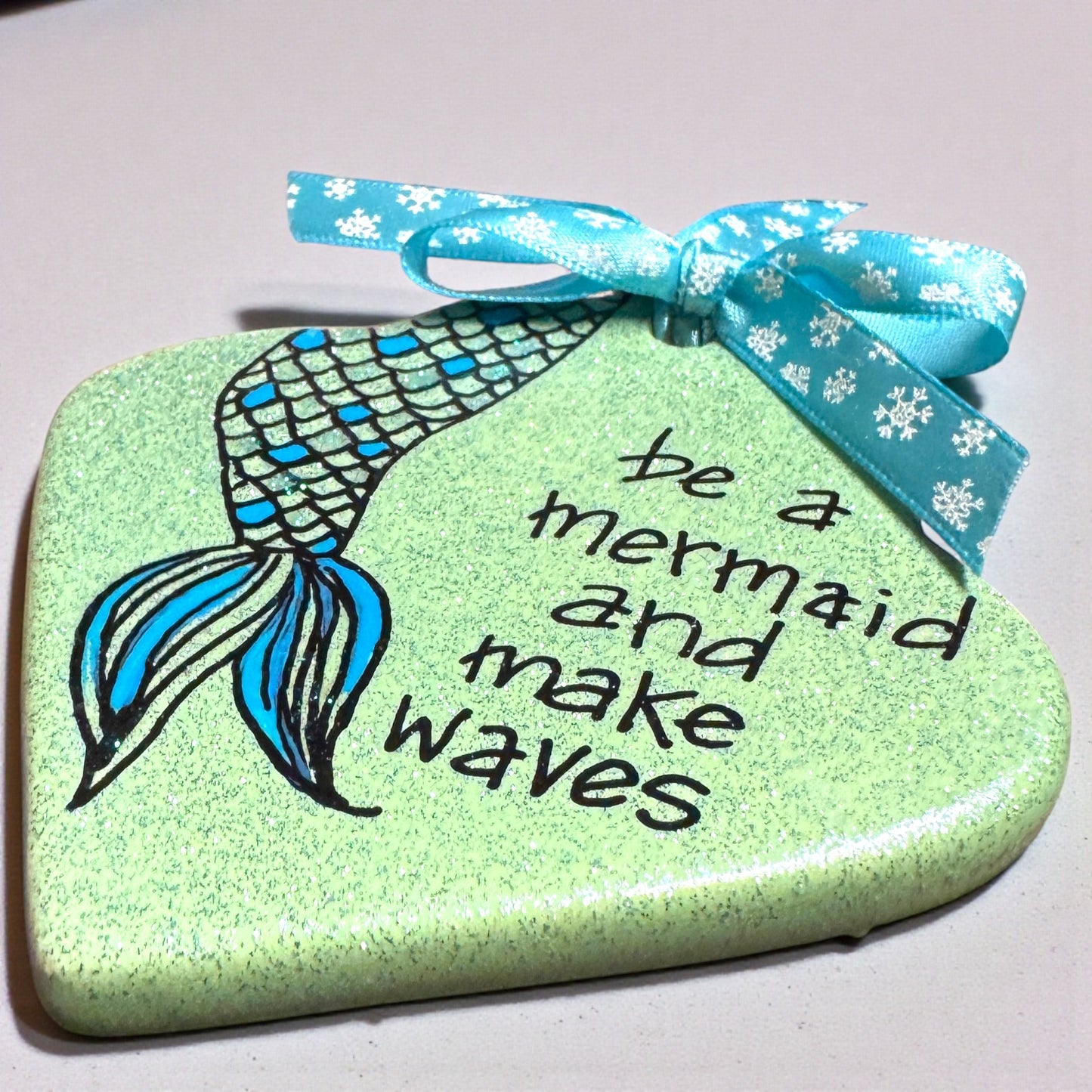 Sparkly Mermaid Ornament – “Be a Mermaid and Make Waves” | Handmade Glitter Ornament | Ocean-Inspired Gift