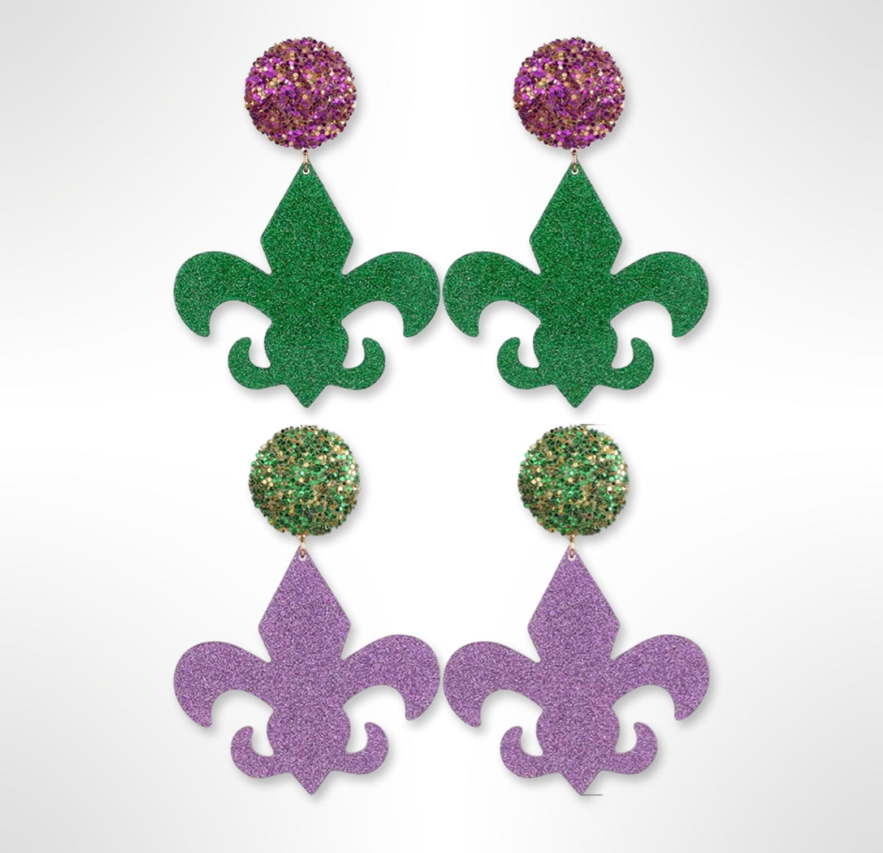 Mardi Gras Oversized Statement Earrings - Glitter Fleur-de-Lis Elegance - Rhythms of Grace Creative
