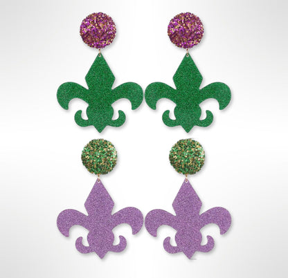 Mardi Gras Oversized Statement Earrings - Glitter Fleur-de-Lis Elegance - Rhythms of Grace Creative