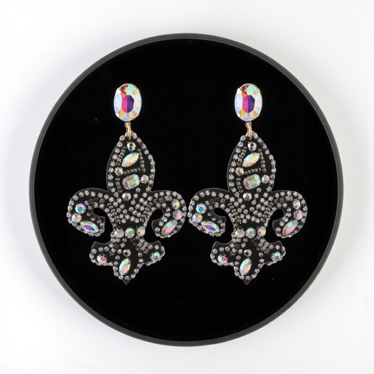 Sparkle in Style: Fleur-de-Lis Rhinestone Earrings – Crystal, Gold & Purple ⚜️