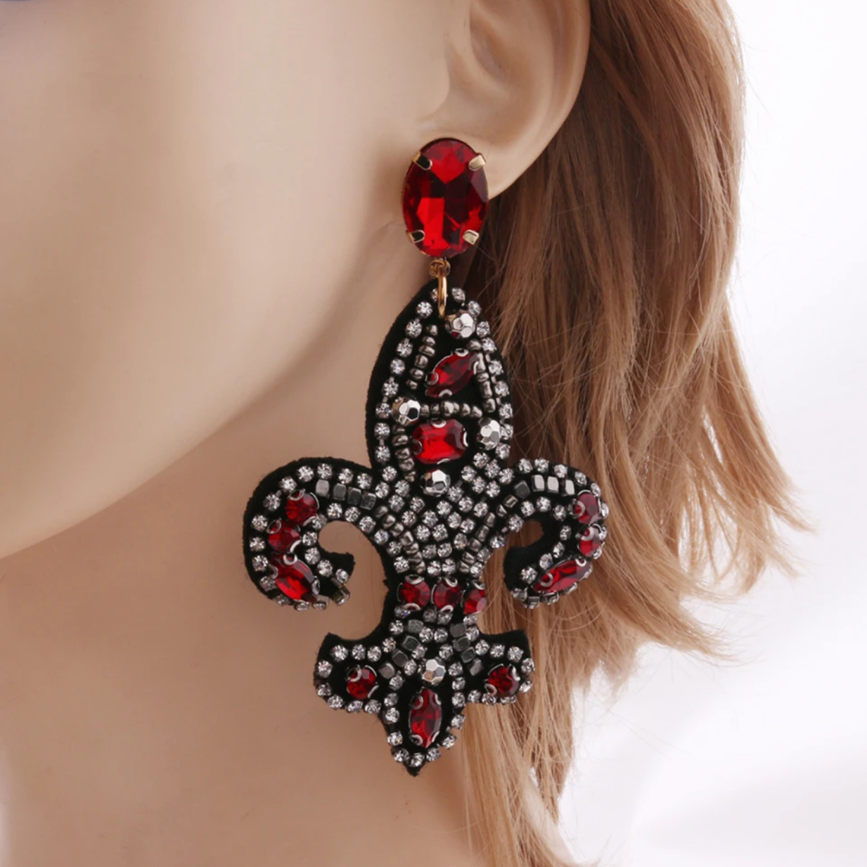 Fleur de lis Earrings - Rhinestone Earrings, Handmade Jewelry, Black and Gold, Who Dat, New Orleans Saints, NOLA Saints, Handmade Earrings - Rhythms of Grace Creative