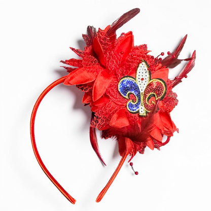 Patriotic Red Feather Fleur De Lis Fascinator Headband | Handmade Fourth of July Louisiana Statement Headpiece