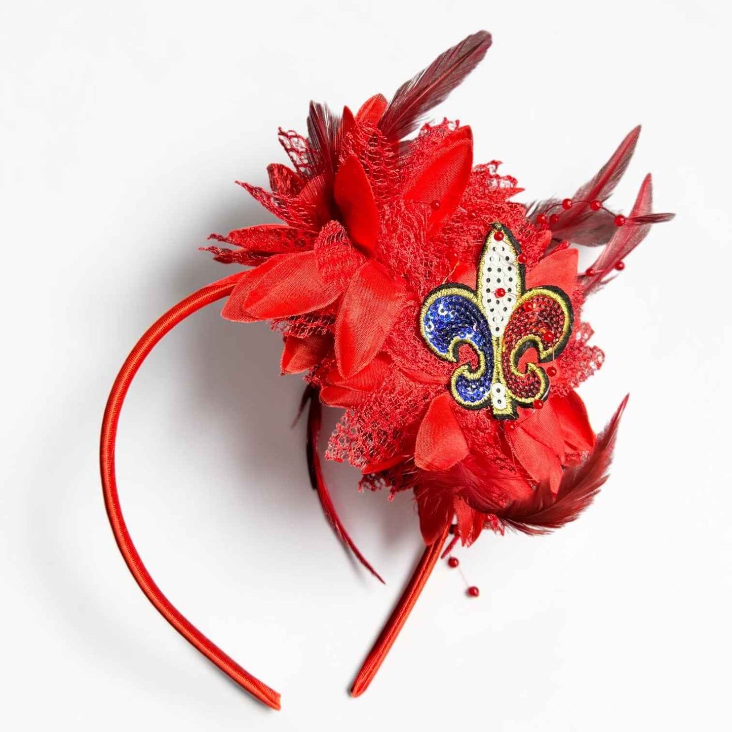 Patriotic Red Feather Fleur De Lis Fascinator Headband | Handmade Fourth of July Louisiana Statement Headpiece