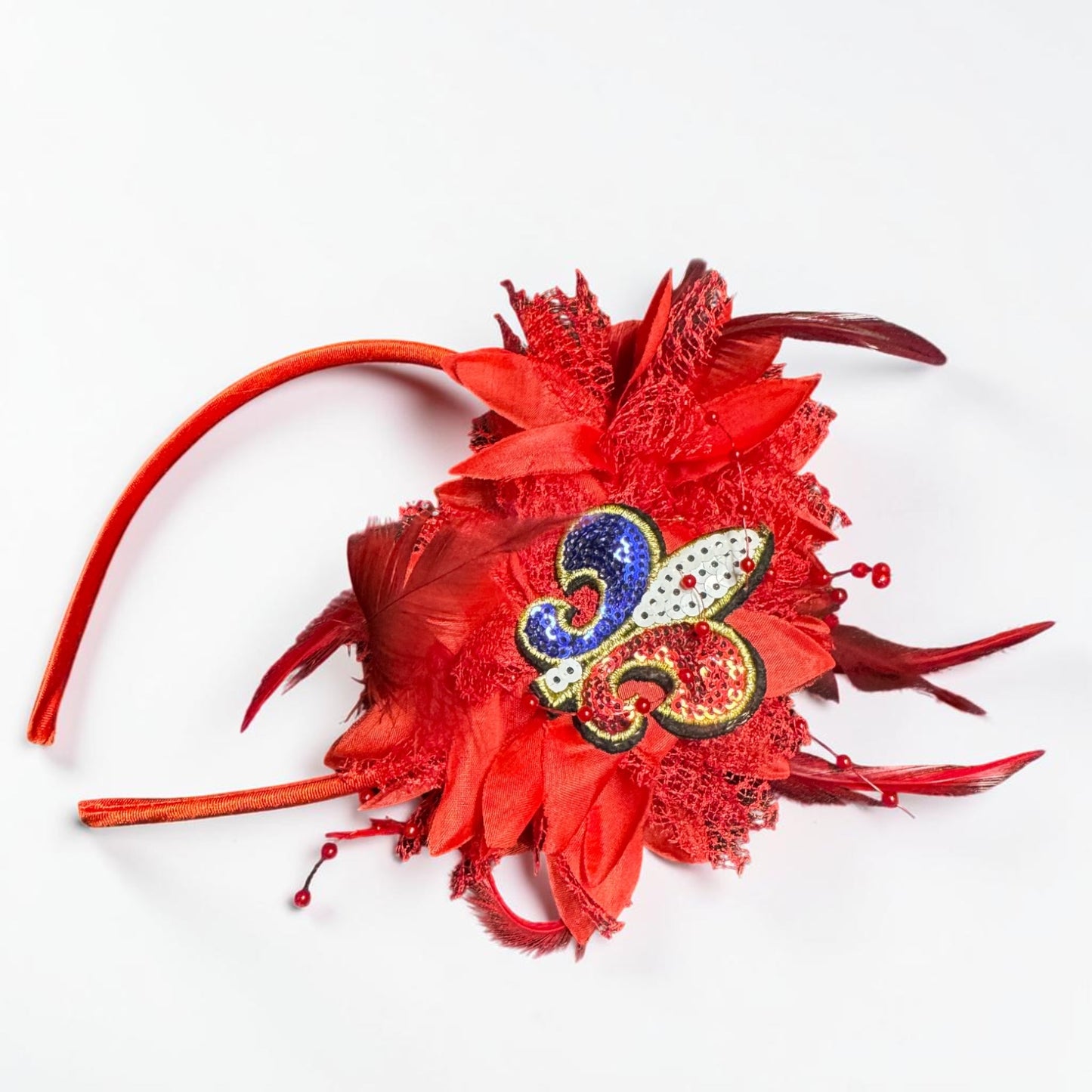 Patriotic Red Feather Fleur De Lis Fascinator Headband | Handmade Fourth of July Louisiana Statement Headpiece