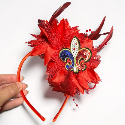 Patriotic Red Feather Fleur De Lis Fascinator Headband | Handmade Fourth of July Louisiana Statement Headpiece