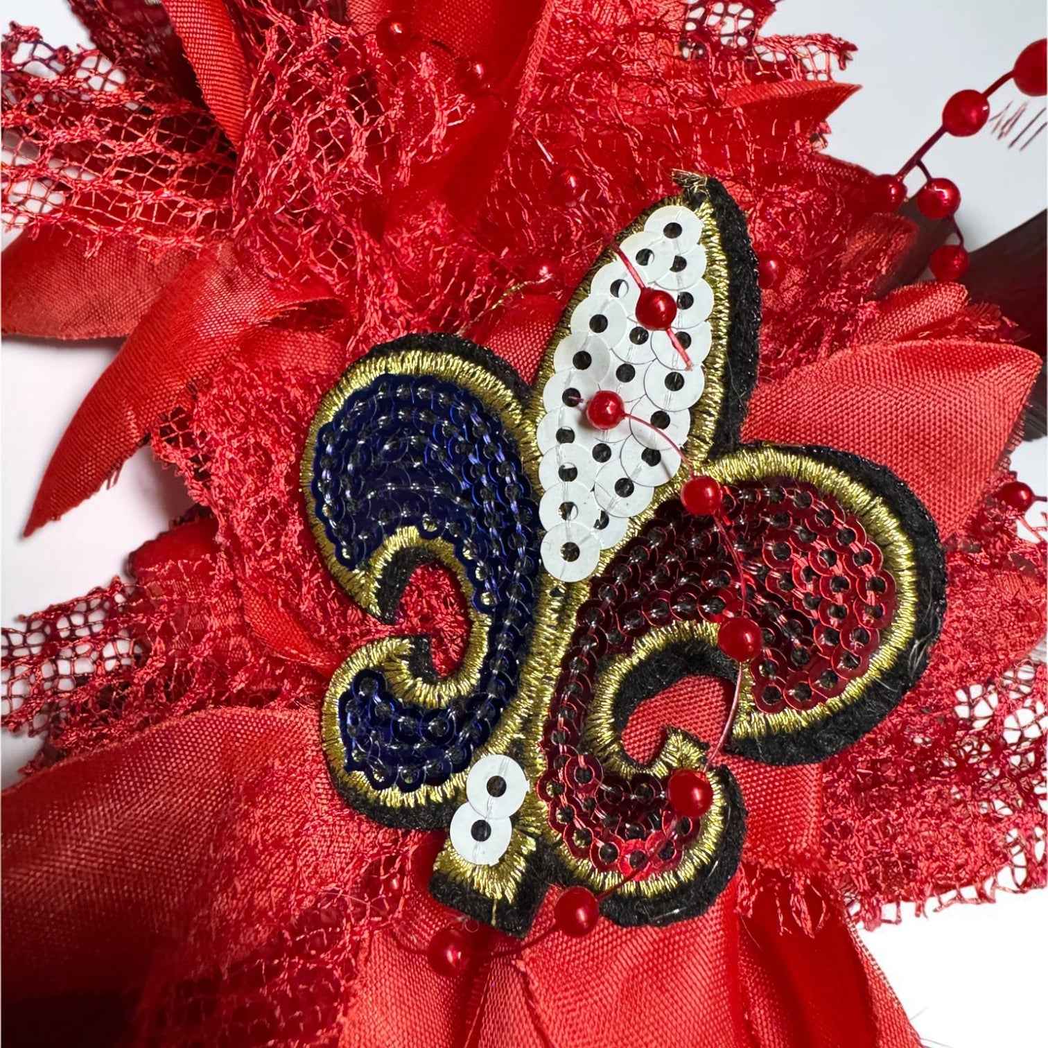 Patriotic Red Feather Fleur De Lis Fascinator Headband | Handmade Fourth of July Louisiana Statement Headpiece