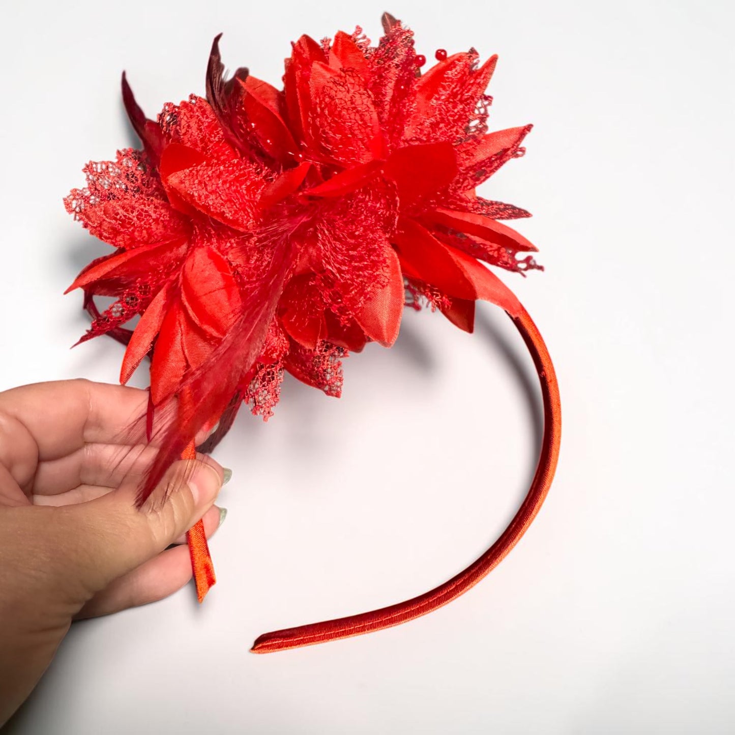 Patriotic Red Feather Fleur De Lis Fascinator Headband | Handmade Fourth of July Louisiana Statement Headpiece