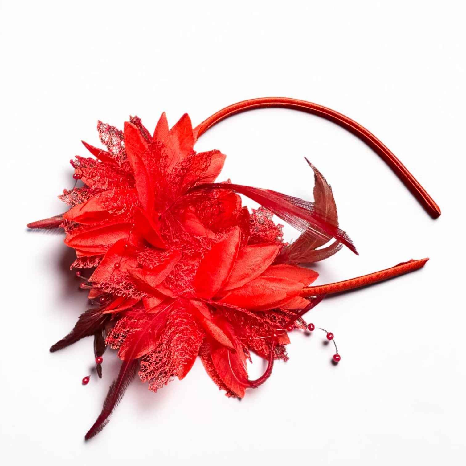 Patriotic Red Feather Fleur De Lis Fascinator Headband | Handmade Fourth of July Louisiana Statement Headpiece