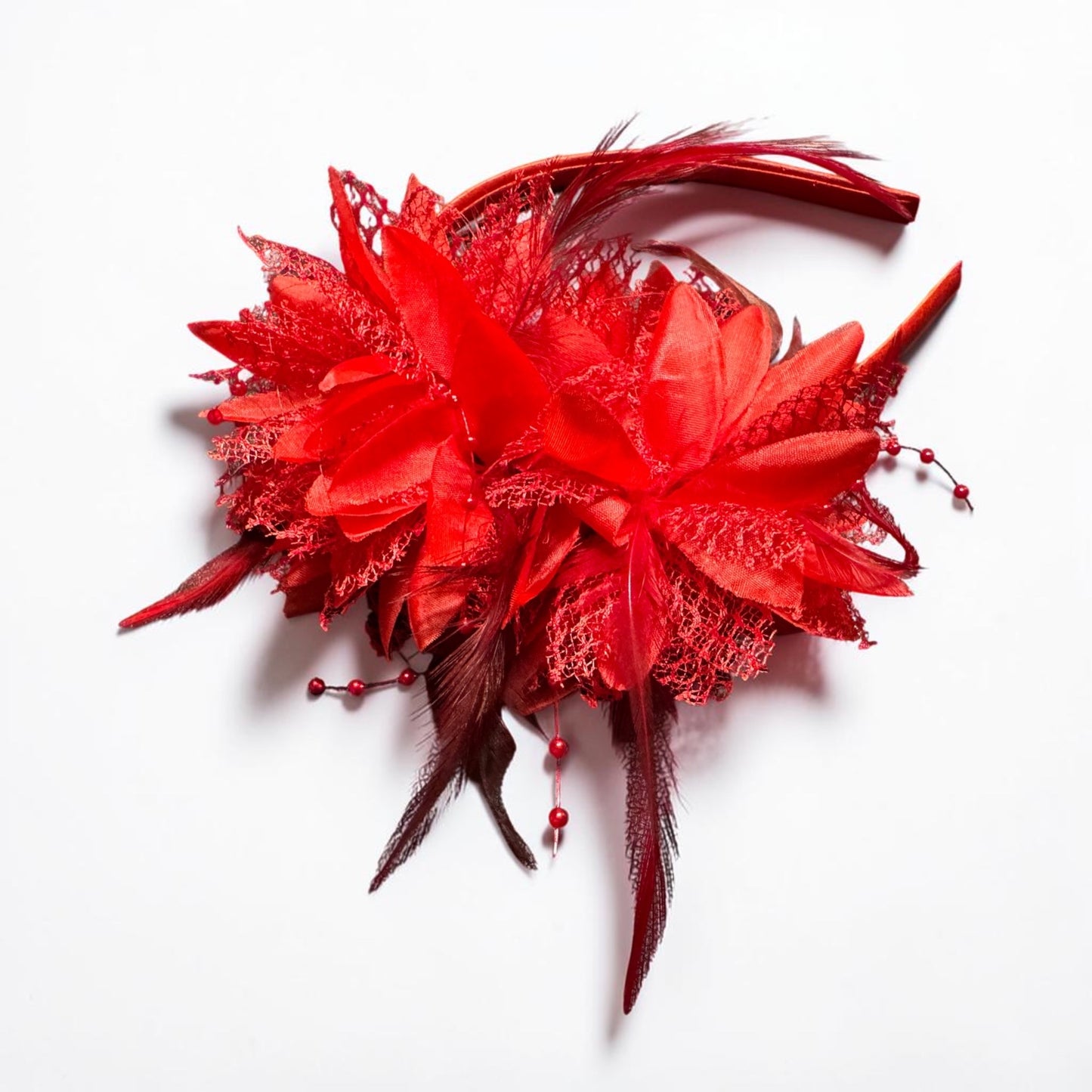 Patriotic Red Feather Fleur De Lis Fascinator Headband | Handmade Fourth of July Louisiana Statement Headpiece