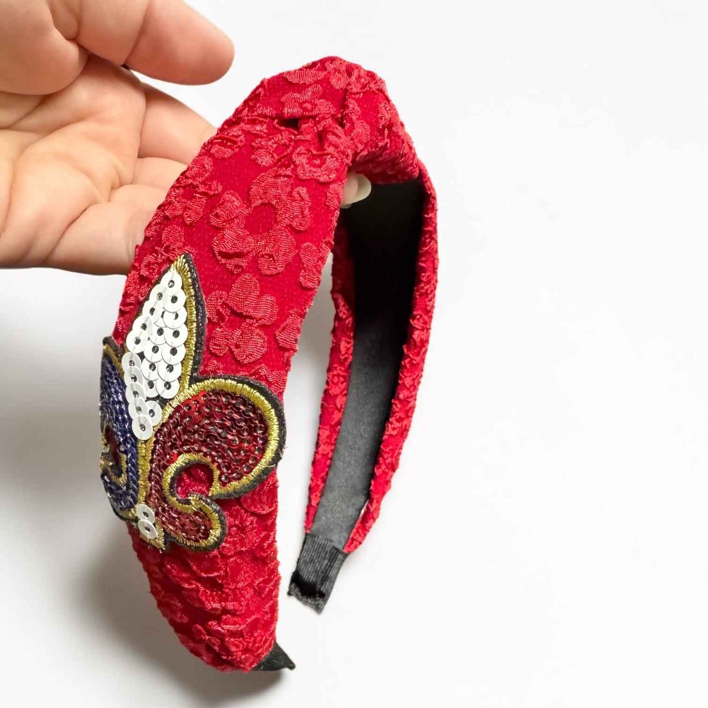 Red White Blue Fleur De Lis Top Knot Headband | Handmade Louisiana Patriotic Statement Accessory
