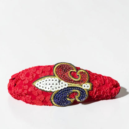 Red White Blue Fleur De Lis Top Knot Headband | Handmade Louisiana Patriotic Statement Accessory
