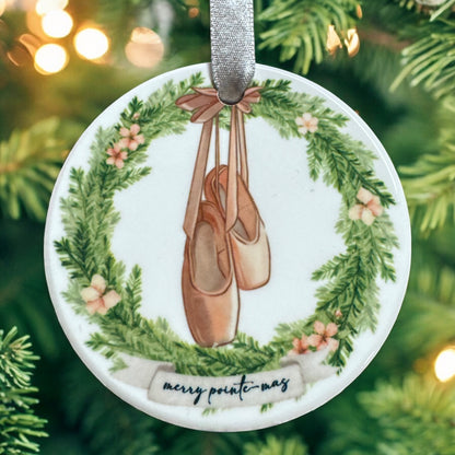 Merry Pointe-mas Ballet Christmas Ceramic Ornament – Pink Pointe Shoes Holiday Keepsake
