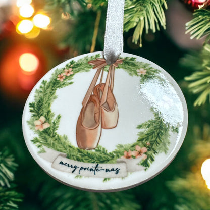 Merry Pointe-mas Ballet Christmas Ceramic Ornament – Pink Pointe Shoes Holiday Keepsake