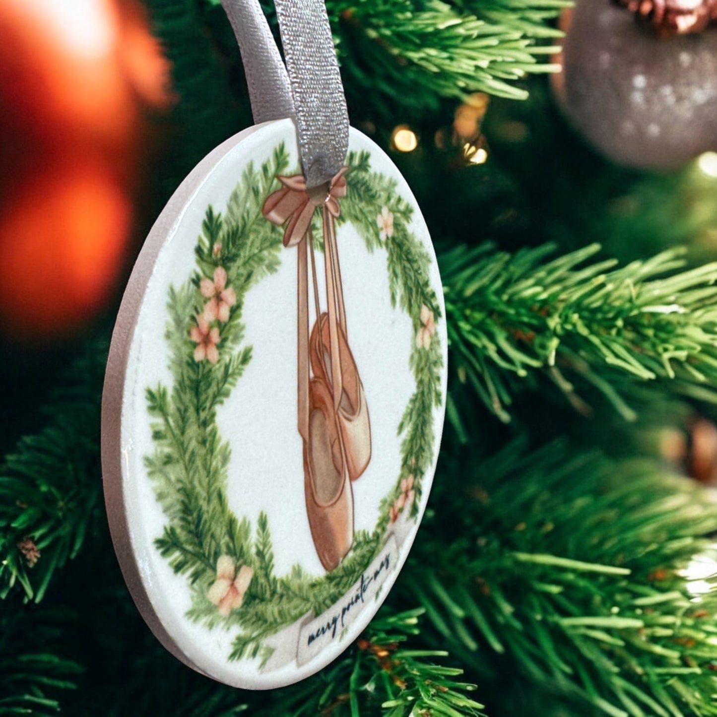 Merry Pointe-mas Ballet Christmas Ceramic Ornament – Pink Pointe Shoes Holiday Keepsake
