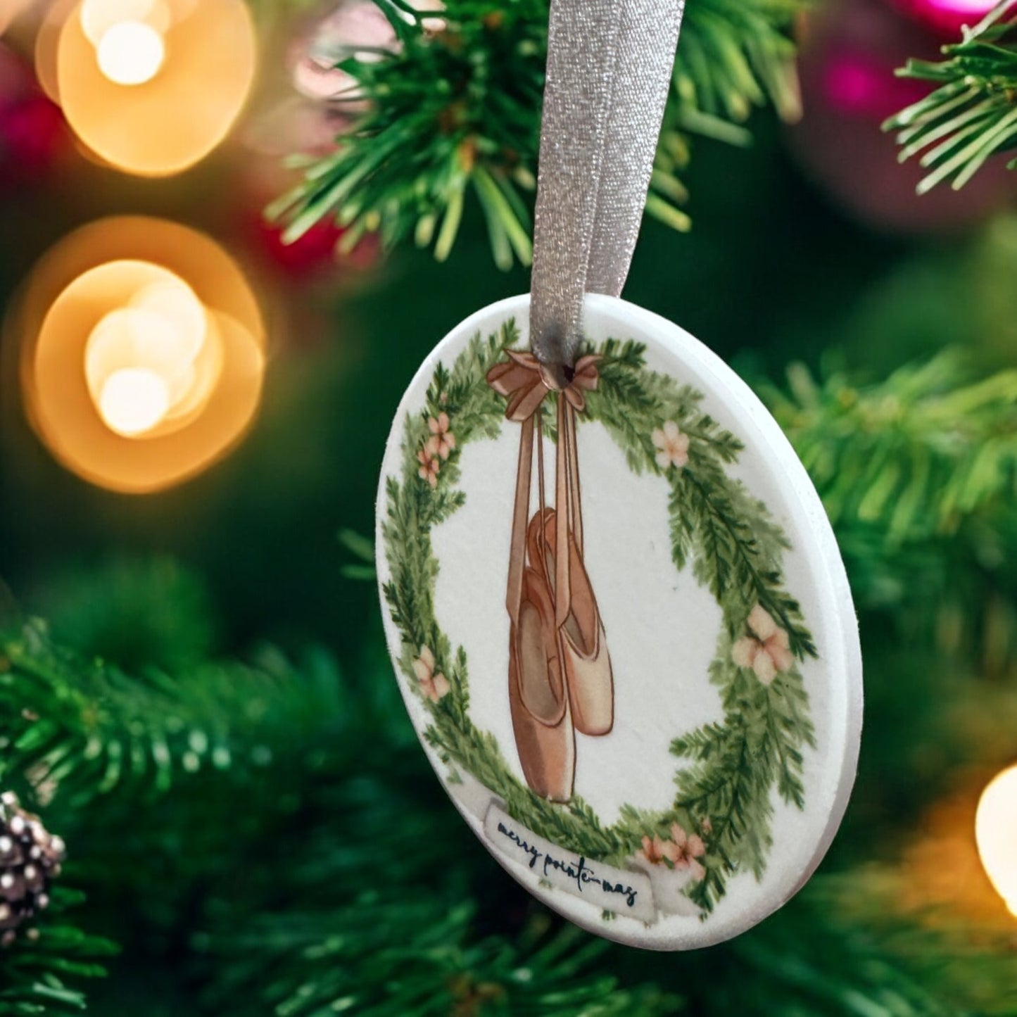 Merry Pointe-mas Ballet Christmas Ceramic Ornament – Pink Pointe Shoes Holiday Keepsake