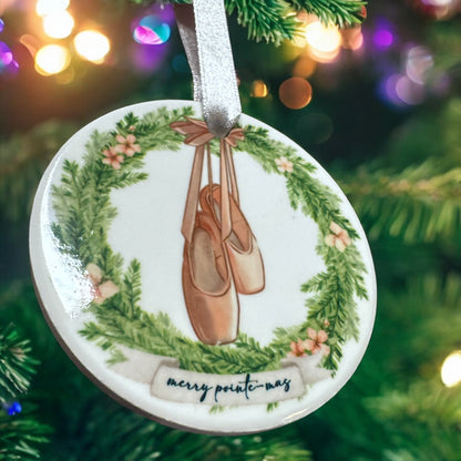 Merry Pointe-mas Ballet Christmas Ceramic Ornament – Pink Pointe Shoes Holiday Keepsake