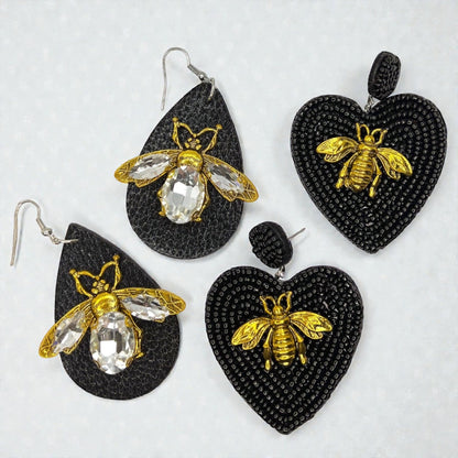 Rhinestone Bee Earrings | Black & Gold Bumblebee Statement Earrings | Honeybee Beaded Earrings