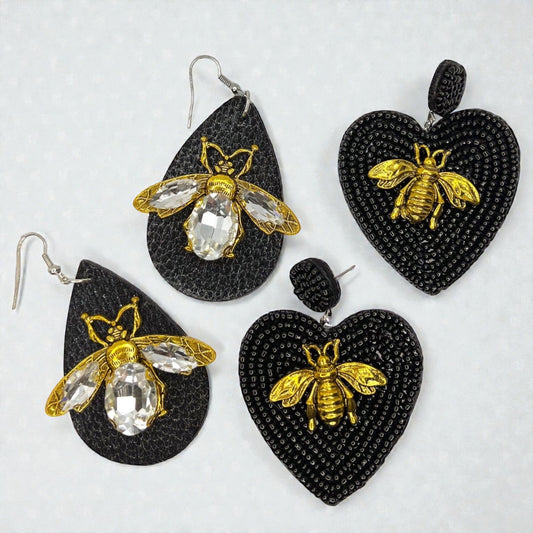 Rhinestone Bee Earrings | Black & Gold Bumblebee Statement Earrings | Honeybee Beaded Earrings