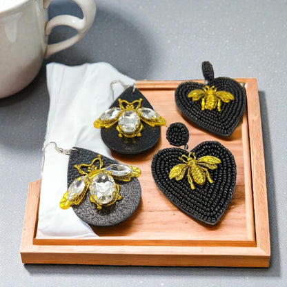 Rhinestone Bee Earrings | Black & Gold Bumblebee Statement Earrings | Honeybee Beaded Earrings
