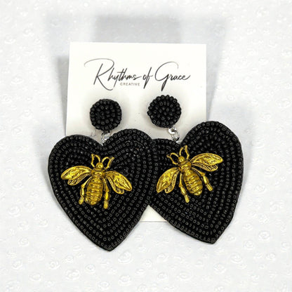 Rhinestone Bee Earrings | Black & Gold Bumblebee Statement Earrings | Honeybee Beaded Earrings