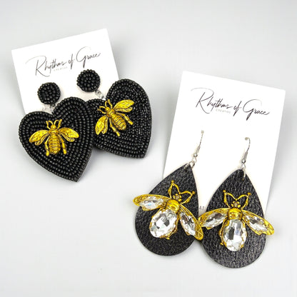 Rhinestone Bee Earrings | Black & Gold Bumblebee Statement Earrings | Honeybee Beaded Earrings