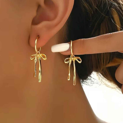 Bow Drop Hoop Earrings | Gold or Silver Mini Hoops with Hanging Bow | Trendy Dainty Statement Earrings | Lightweight Jewelry