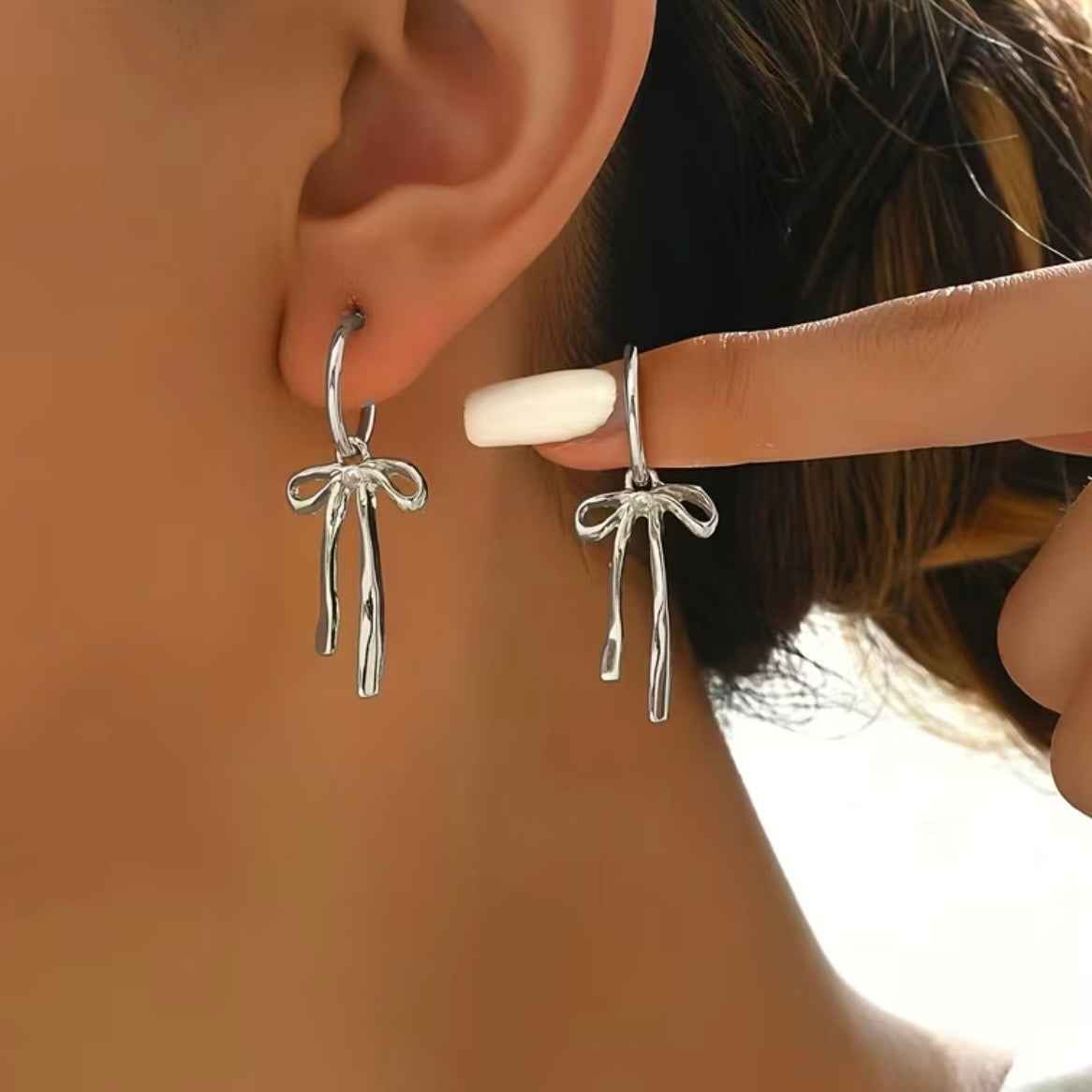 Bow Drop Hoop Earrings | Gold or Silver Mini Hoops with Hanging Bow | Trendy Dainty Statement Earrings | Lightweight Jewelry