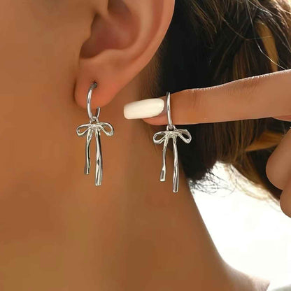 Bow Drop Hoop Earrings | Gold or Silver Mini Hoops with Hanging Bow | Trendy Dainty Statement Earrings | Lightweight Jewelry