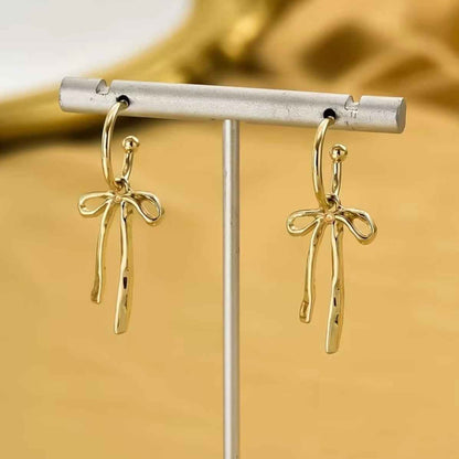 Bow Drop Hoop Earrings | Gold or Silver Mini Hoops with Hanging Bow | Trendy Dainty Statement Earrings | Lightweight Jewelry