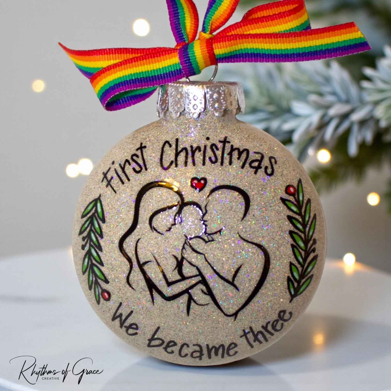 “Our First Christmas as a Family of Three” Personalized Ornament | Hand-Painted Keepsake