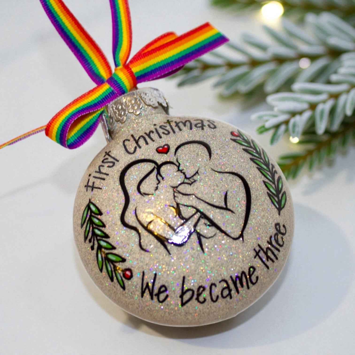 “Our First Christmas as a Family of Three” Personalized Ornament | Hand-Painted Keepsake