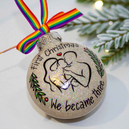 “Our First Christmas as a Family of Three” Personalized Ornament | Hand-Painted Keepsake