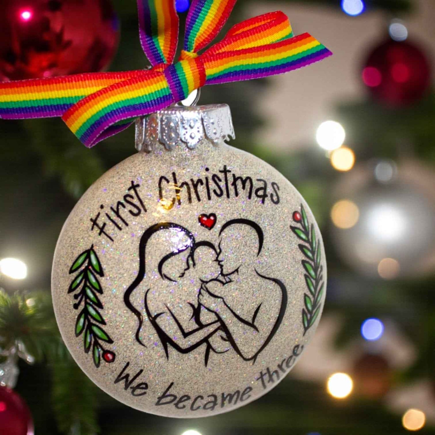 “Our First Christmas as a Family of Three” Personalized Ornament | Hand-Painted Keepsake