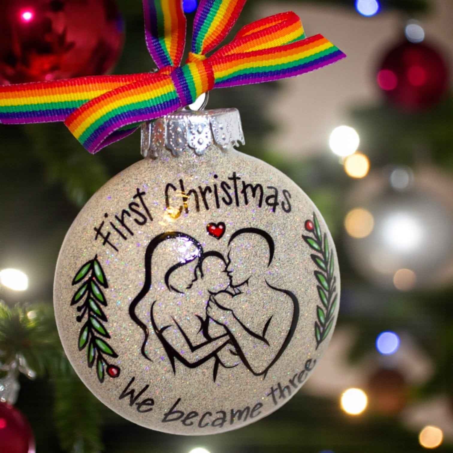 “Our First Christmas as a Family of Three” Personalized Ornament | Hand-Painted Keepsake