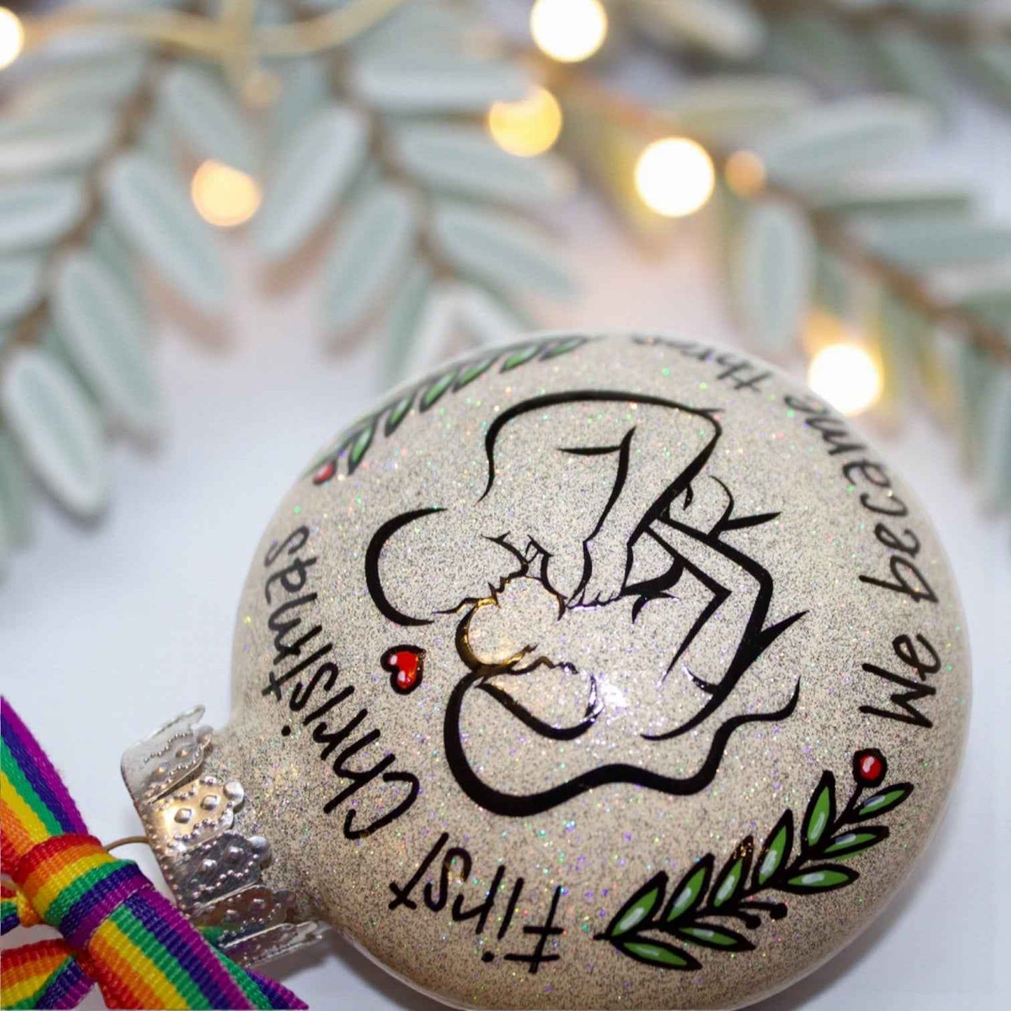 “Our First Christmas as a Family of Three” Personalized Ornament | Hand-Painted Keepsake