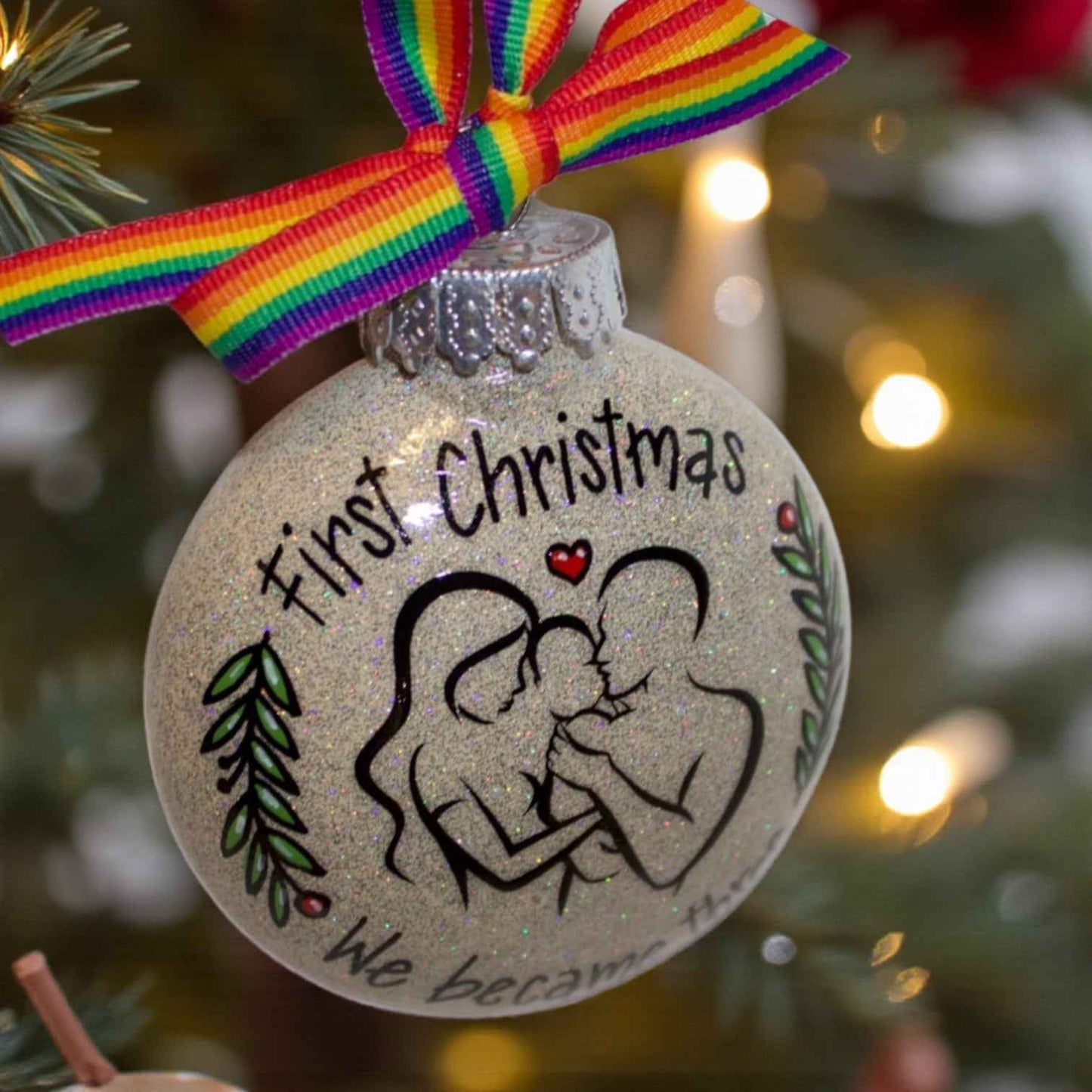 “Our First Christmas as a Family of Three” Personalized Ornament | Hand-Painted Keepsake