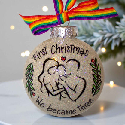 “Our First Christmas as a Family of Three” Personalized Ornament | Hand-Painted Keepsake