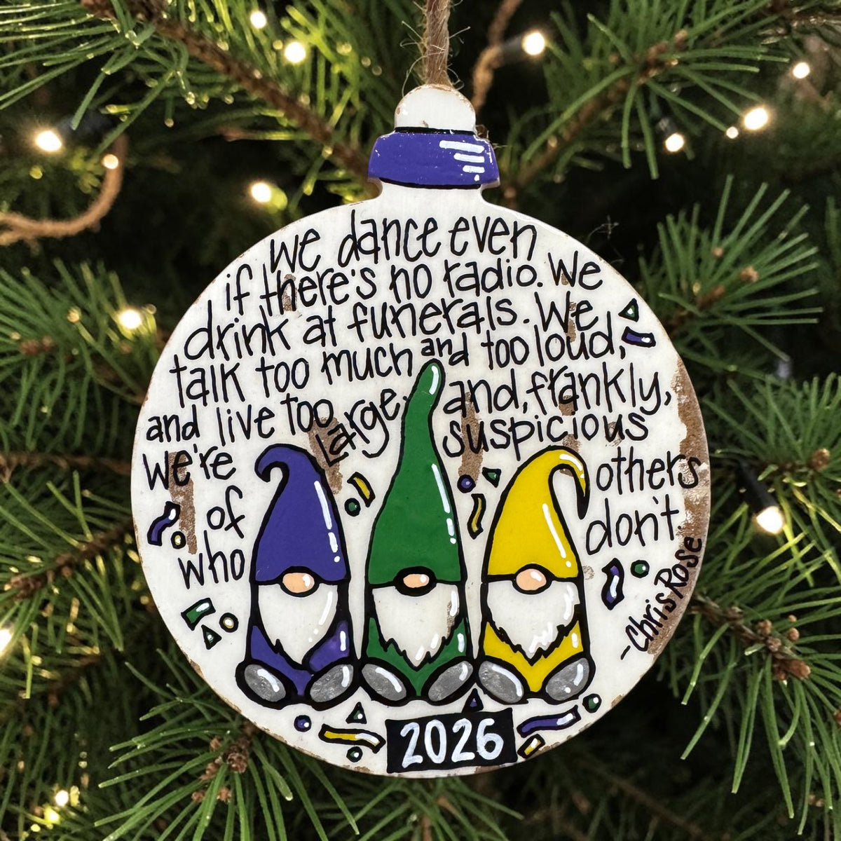 2026 New Orleans Mardi Gras Gnome Christmas Ornament | Chris Rose Quote
