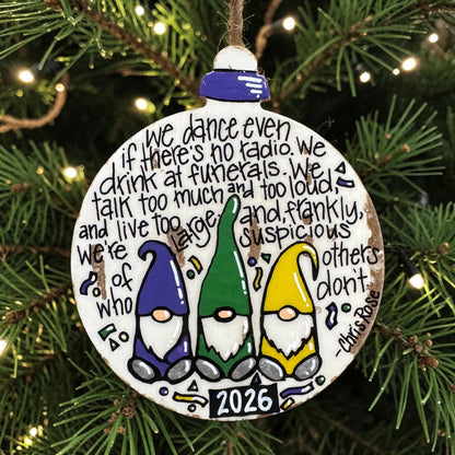 2026 New Orleans Mardi Gras Gnome Christmas Ornament | Chris Rose Quote