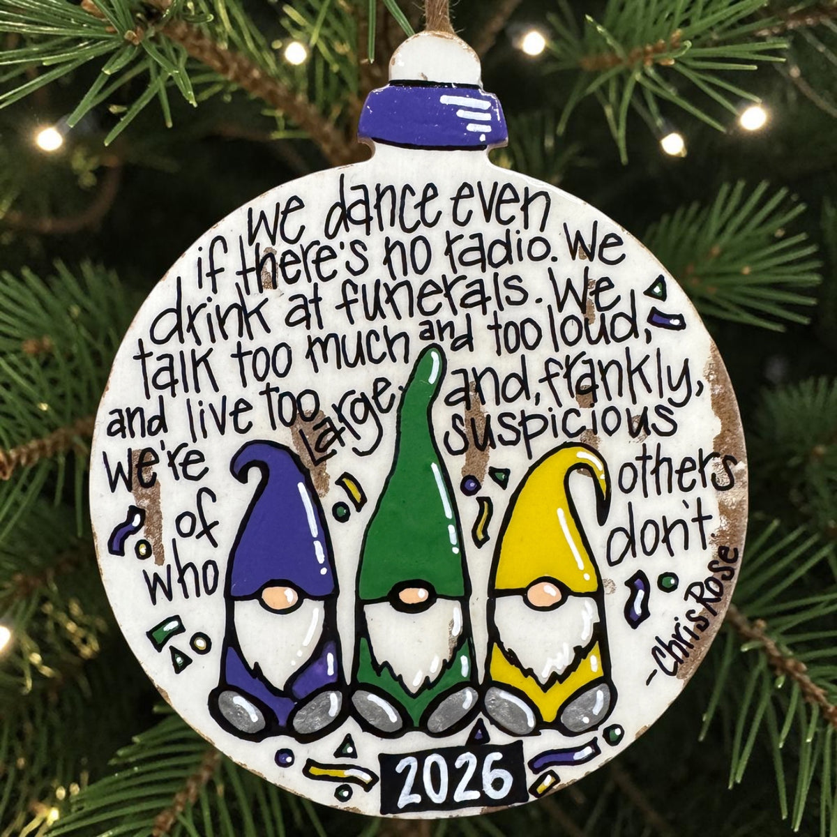 2026 New Orleans Mardi Gras Gnome Christmas Ornament | Chris Rose Quote
